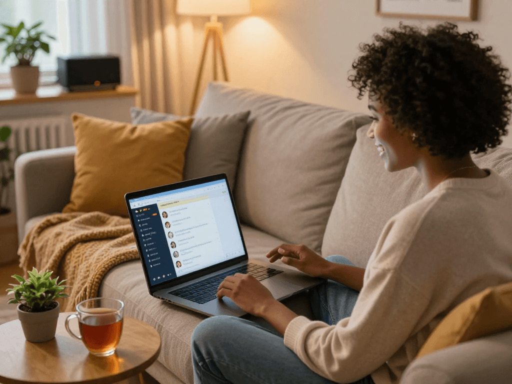 Playful online conversation showcasing individuals engaged in sex chat ai in a cozy setting.
