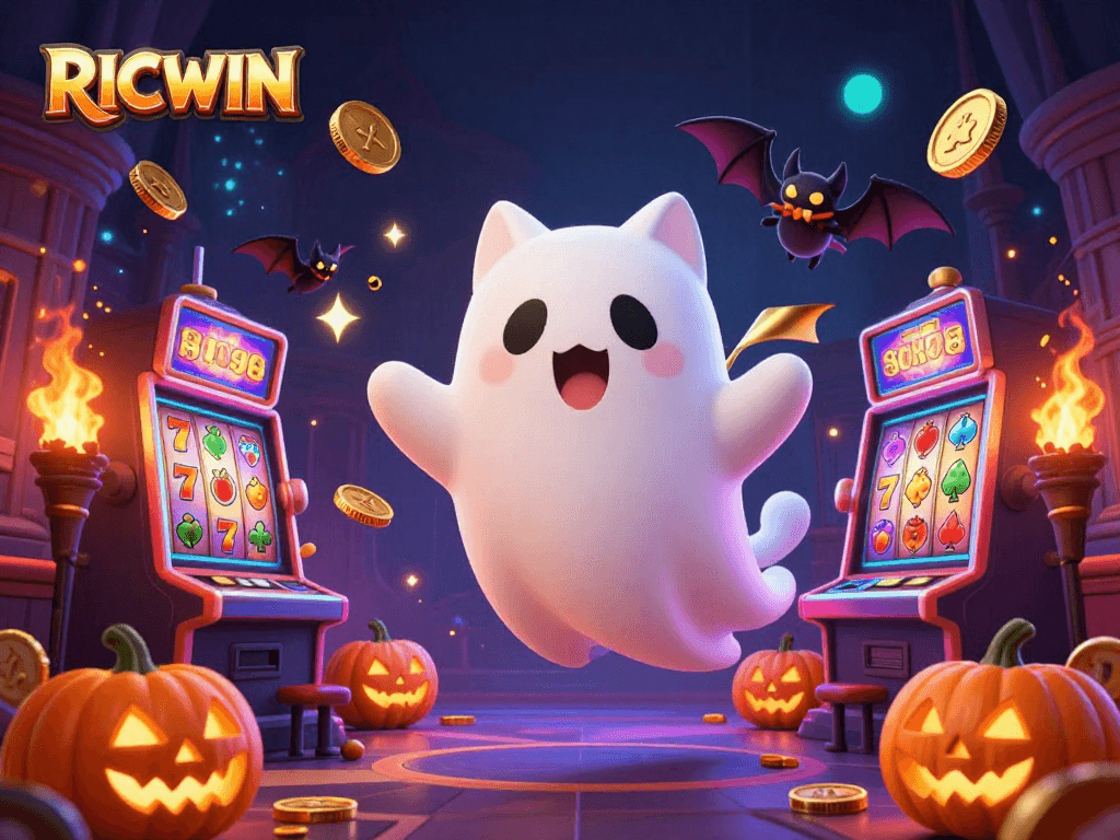 Experience the thrill of RICWIN with a vivid haunted casino scene featuring a ghost cat and extraordinary game elements.