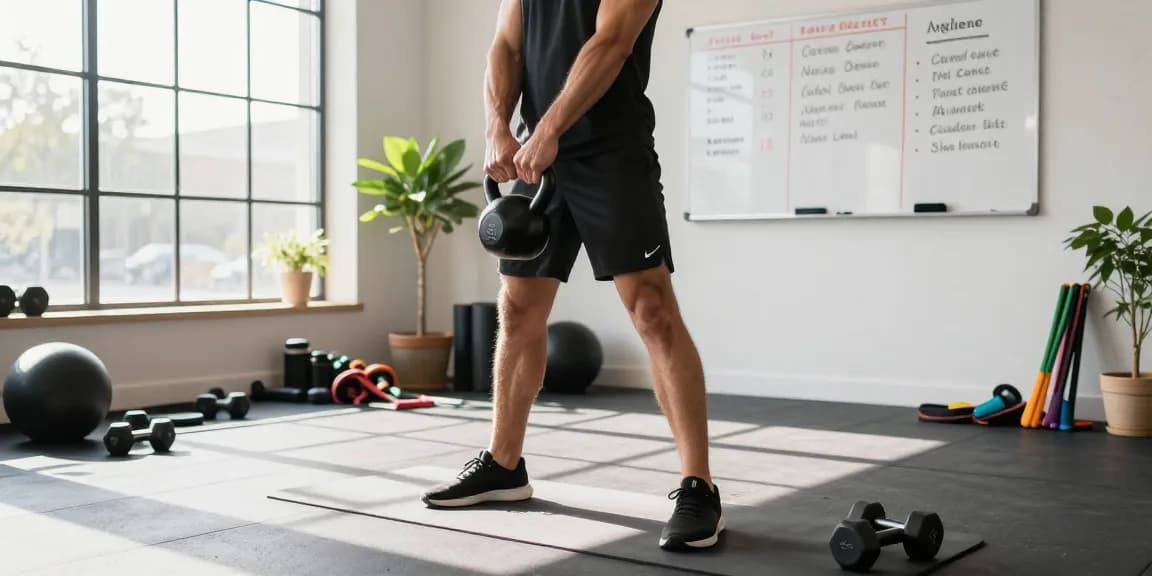 Athletic individual performing a MOTS-c kettlebell swing in a modern gym.