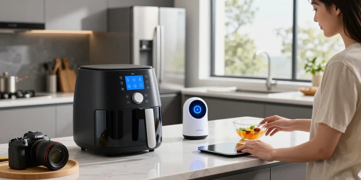 Smart kitchen gadgets in a modern kitchen demonstrating innovative cooking technology and convenience.