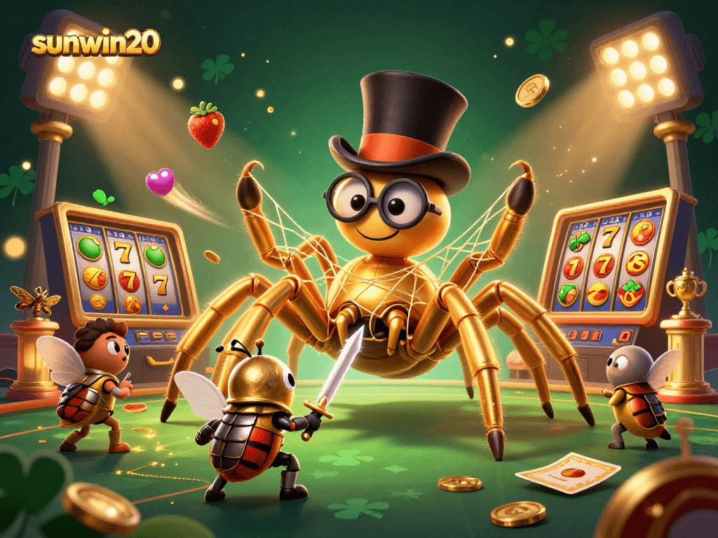 Engage with sunwin20 at a dynamic casino scene featuring a giant tarantula, brave beetle knight, and exciting gaming elements.