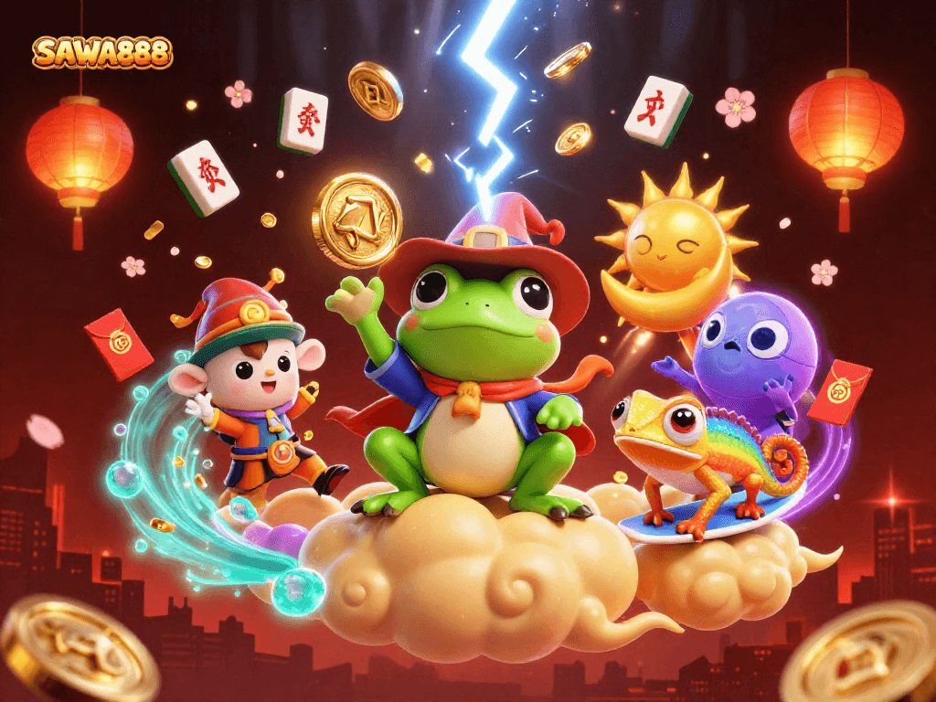 Experience the excitement of SAWA888 with a 3D wizard frog conjuring coins amidst vibrant casino elements.