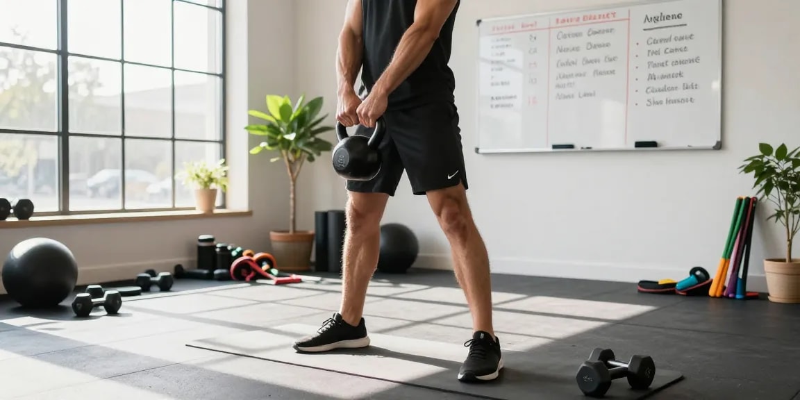 Athletic individual performing a MOTS-c kettlebell swing in a modern gym.