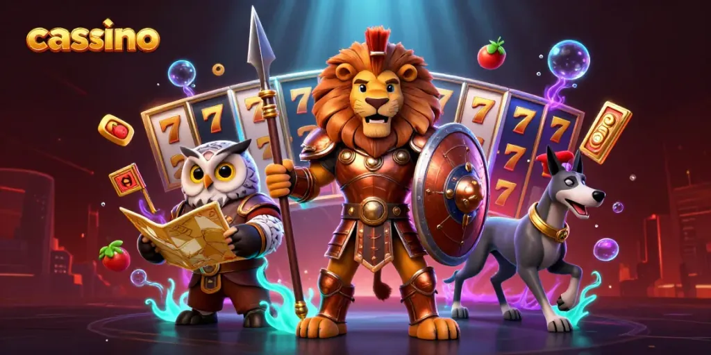 Engaging casino-themed 3D illustration featuring tightly packed characters and gaming elements.