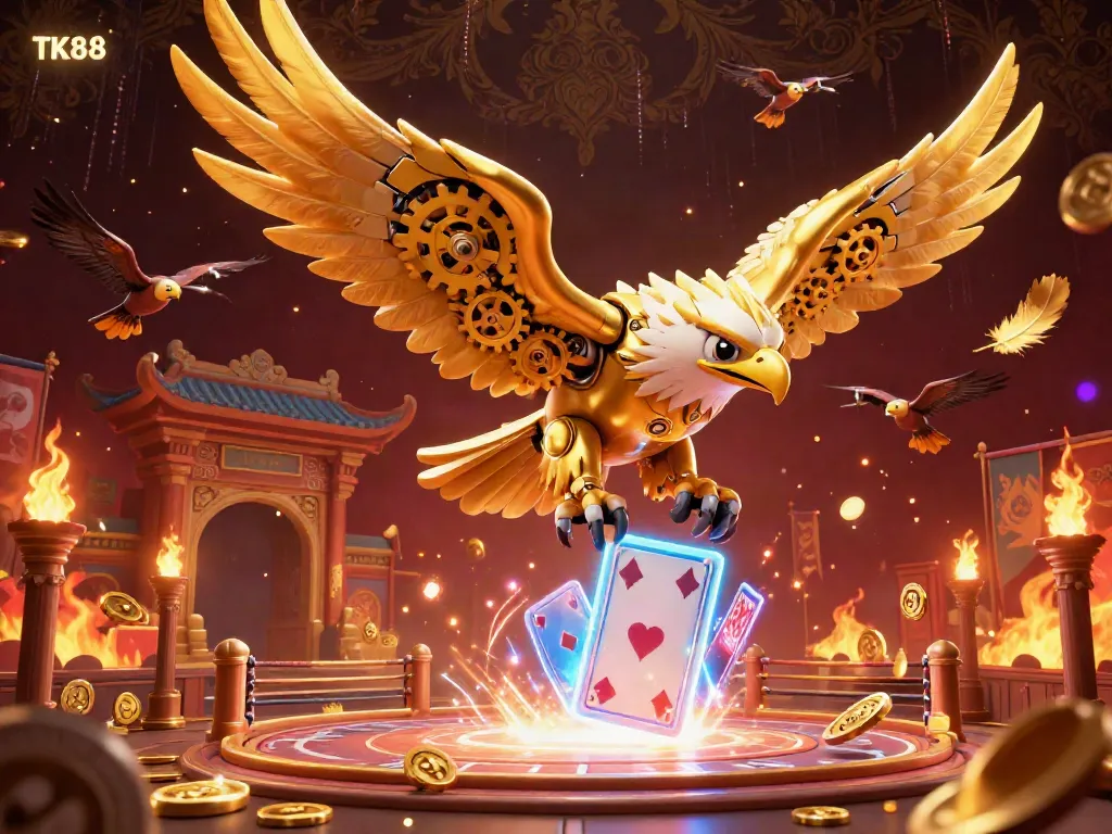 Experience the thrilling dive of TK88's golden eagle amid a vibrant casino atmosphere brimming with cards and coins.