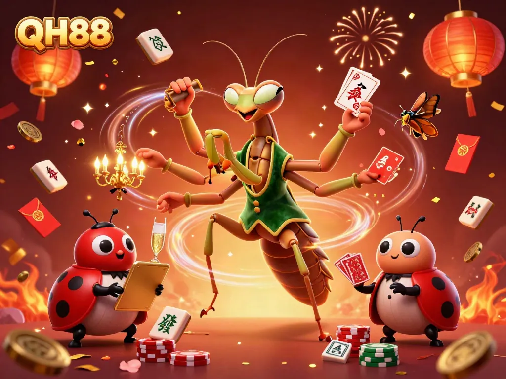 Engage with QH88: a vibrant casino scene featuring a card sharp mantis and ladybug pit boss.