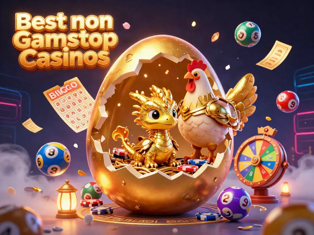 Engage with the Best non Gamstop Casinos through a magical 3D illustration of a golden egg revealing a baby dragon amidst casino elements.