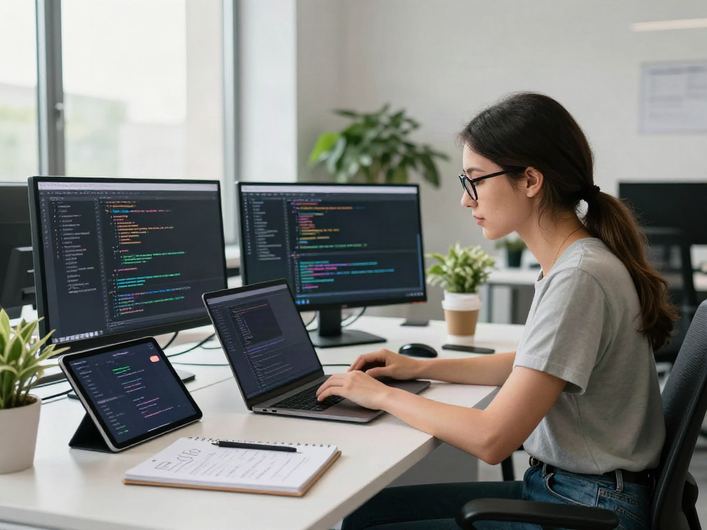 Developer coding on laptop with vibrant link designs in a modern workspace.