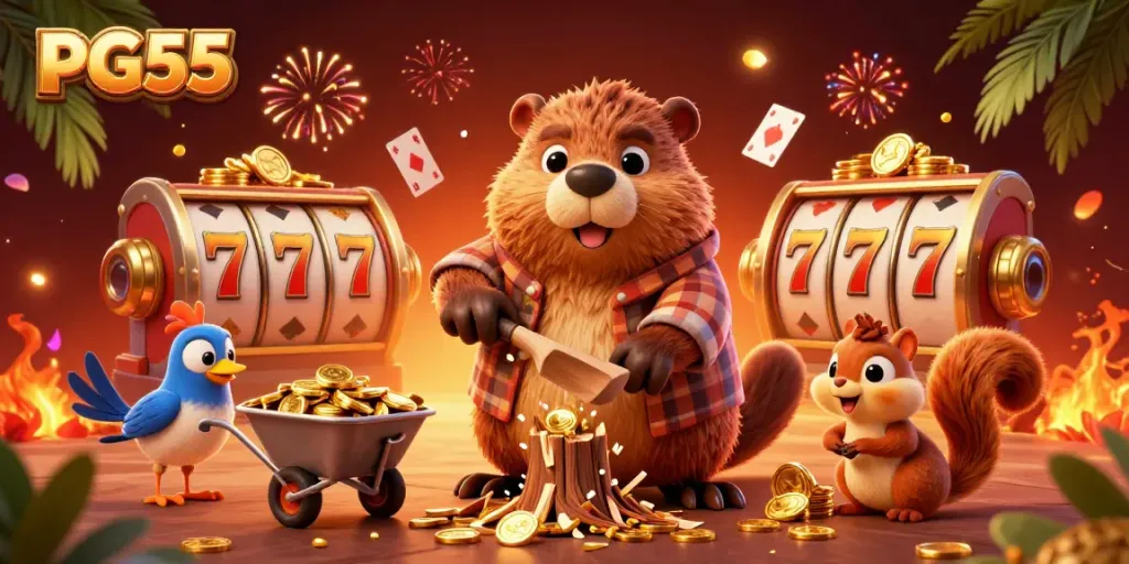 Engaging PG55 gaming scene featuring the playful lumberjack beaver collecting golden coins with a bird and squirrel in a vibrant casino atmosphere.