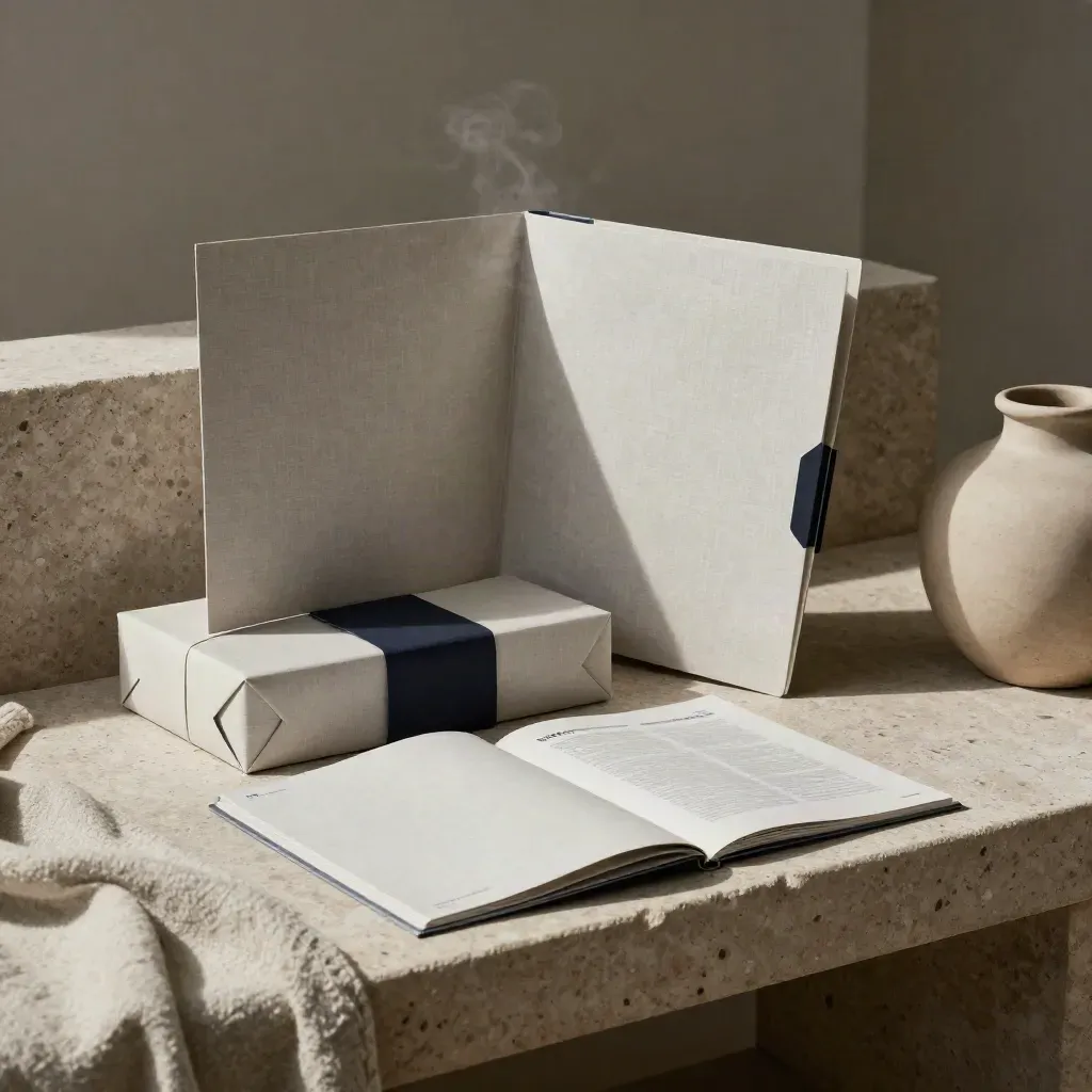 Launch folders, strategy box and ads deck on a plaster bench, navy accent, mid-breeze.
