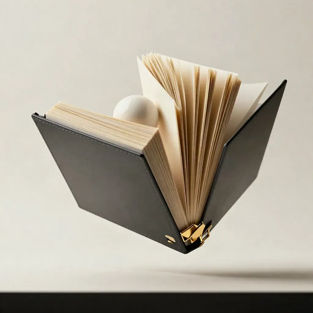 Floating audit binder with tabs, cards and ceramic sphere in dramatic plaster-lit studio.