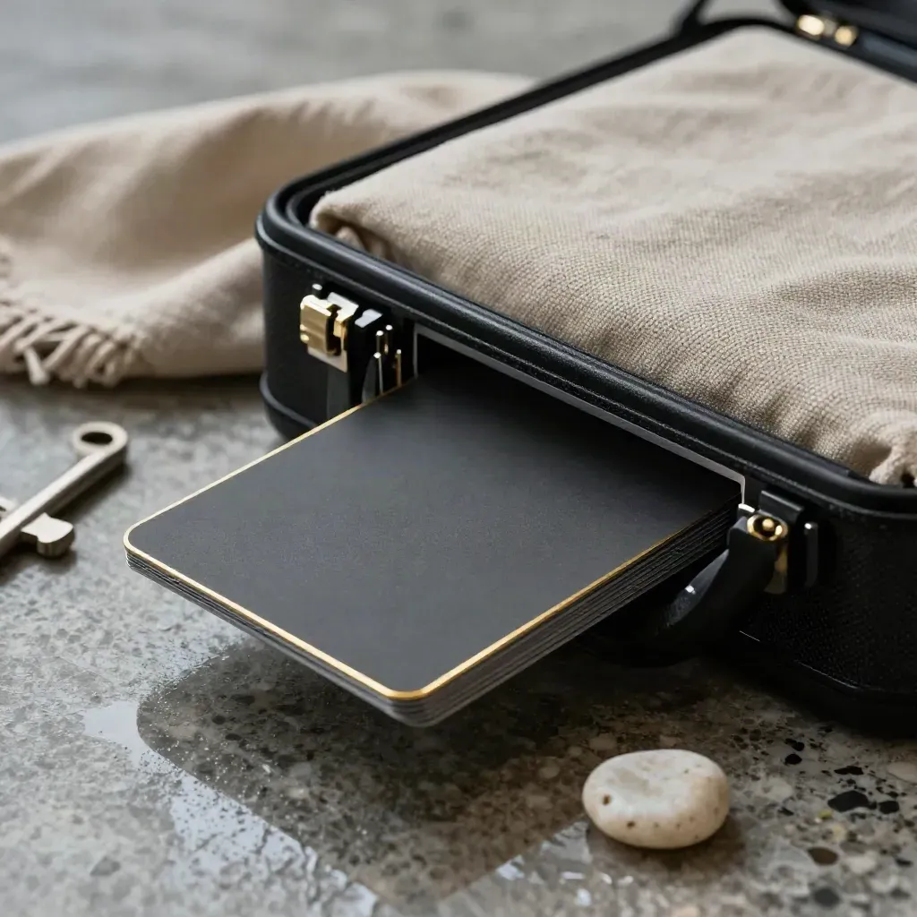Dark launch case with sliding modular cards, gold-edged insert, linen cloth and stone on wet travertine.