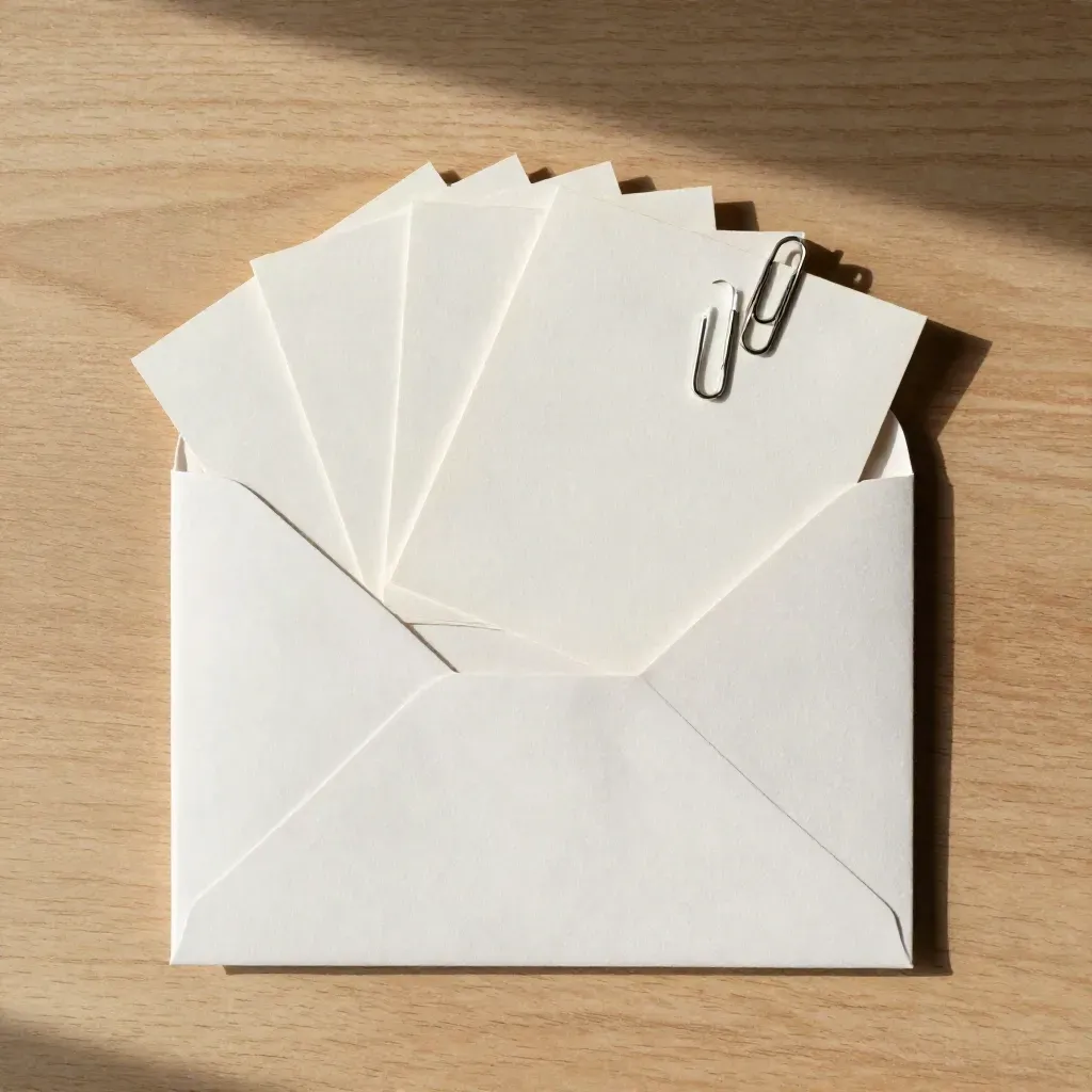 Overhead fan of blank social cards sliding from an envelope sleeve on pale wood.