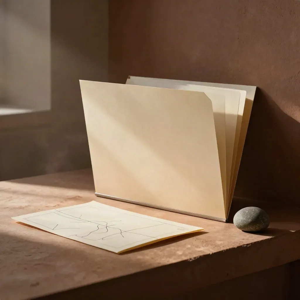 Territory folder, folded route card and stone marker on warm plaster under dramatic gold-rimmed light.