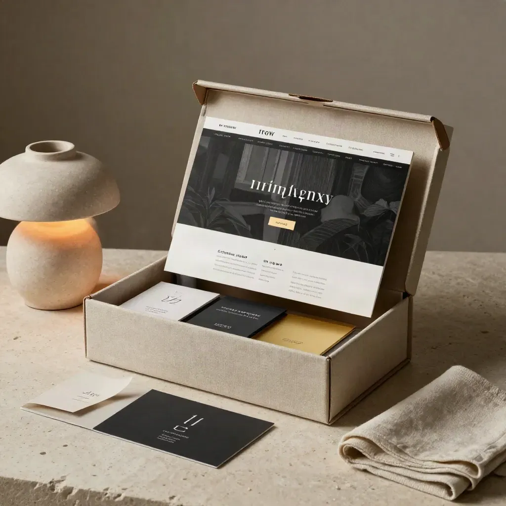 Unmarked website bundle box, folder, launch cards and lamp on textured stone with warm haze.
