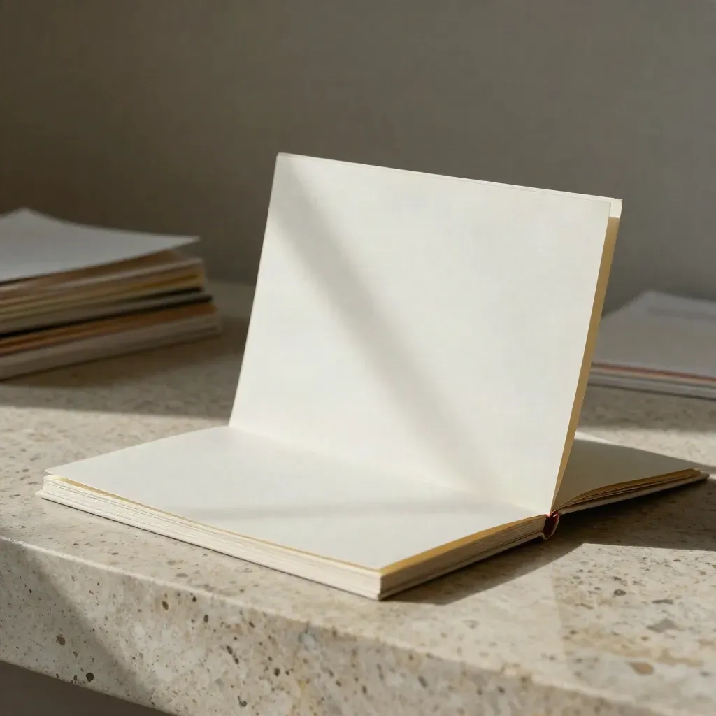 Half-open paper folio with lifted page on travertine in soft studio light