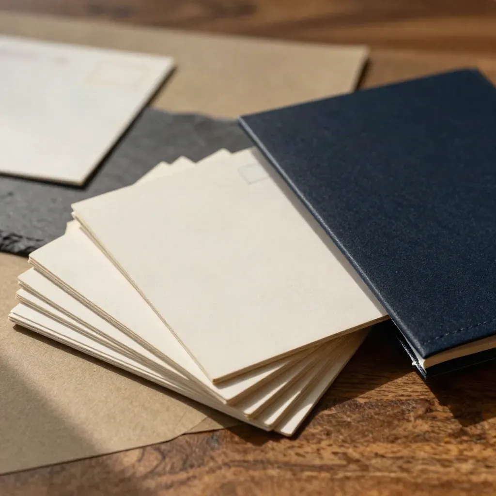 Square post cards and an open navy sleeve on warm wood with soft haze