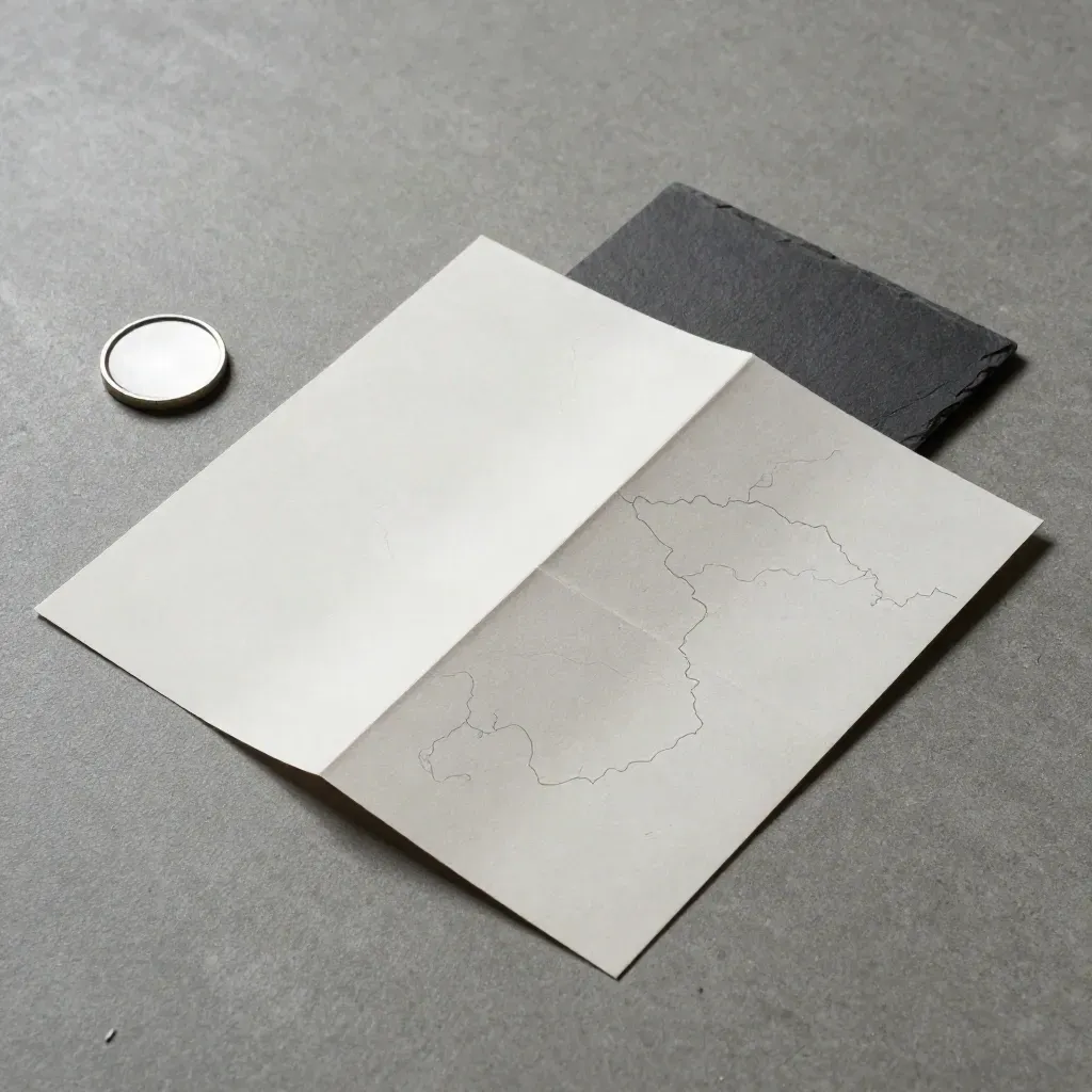 Top-down folded map pack with rounded cards and a slate card on concrete.