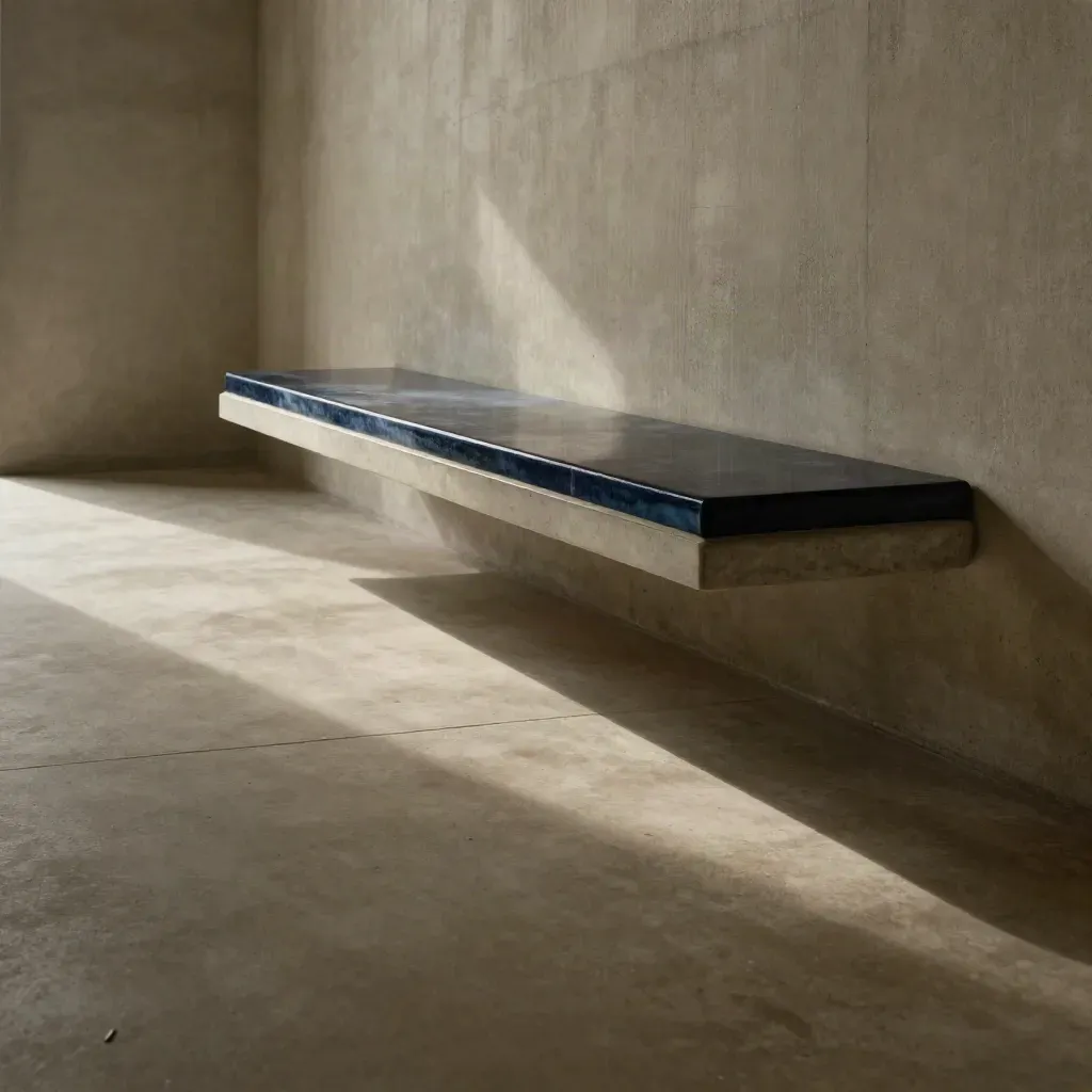 Sunlit pale concrete corridor with sculptural bench and glowing opening, calm copy space below.