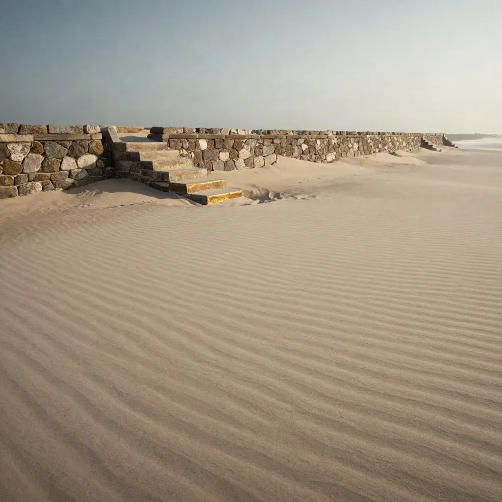 Wind-etched sand terrace with stone steps and a low wall under soft golden light.