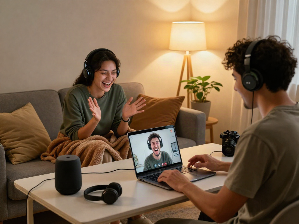Engaging moment in sex chat AI interface, showcasing cozy home setting with two individuals connecting online.
