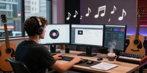 Artist engaging in domain name registration while uploading music, showcasing creativity and modern technology.