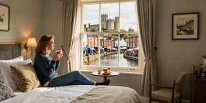 Relaxed traveler enjoying comfort in a Hotel Skipton room with views of local attractions.