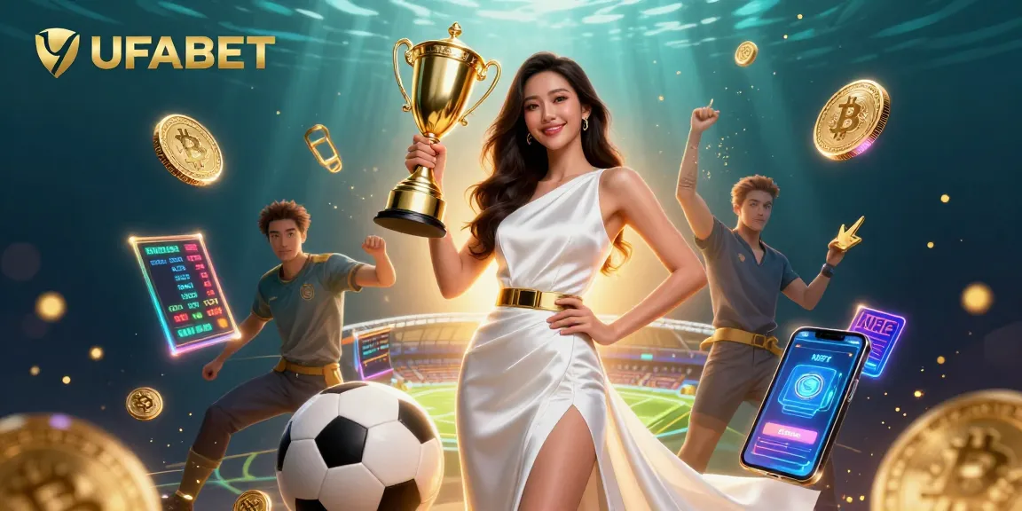 Win at UFABET with dynamic sports betting elements and a triumphant character celebrating success.