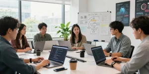 Local discovery in a collaborative tech workspace with developers brainstorming.