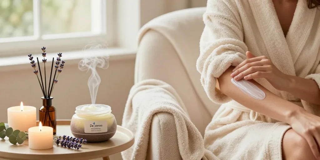 Applying De stress Whipped Body Butter in a relaxing home spa setting with candles and essential oils.
