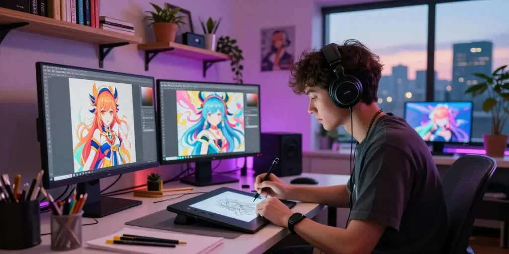 Creating ecchi AI art in a vibrant digital studio with artist and colorful displays.
