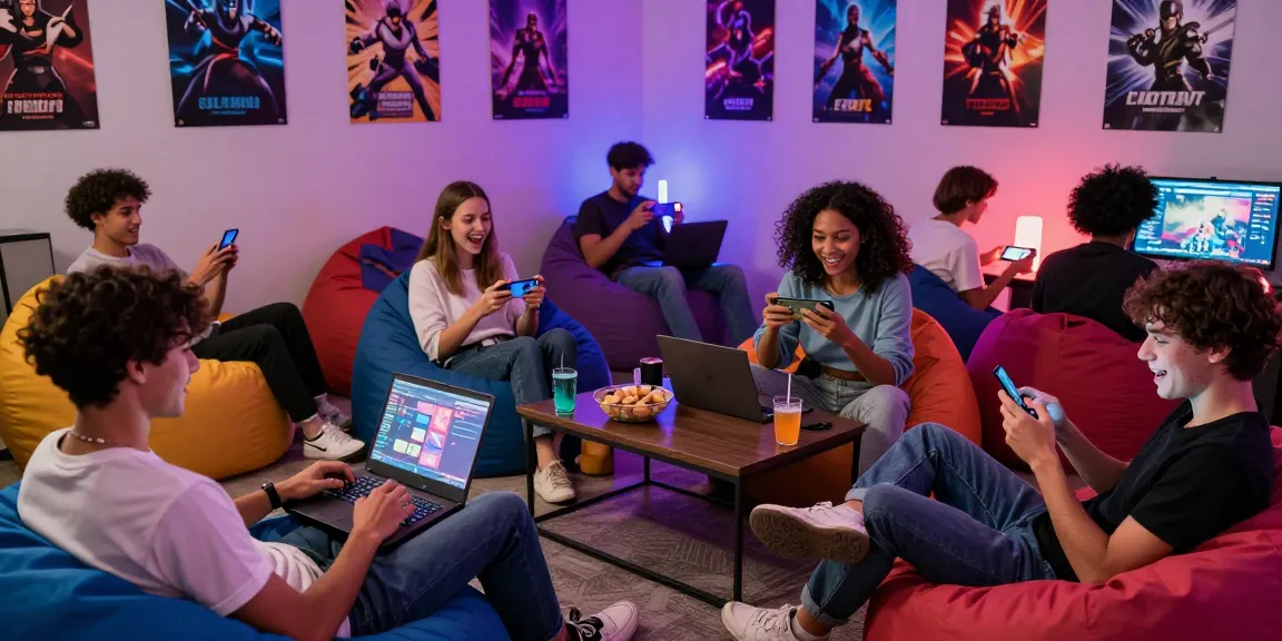 Friends enjoying ero games in a lively gaming lounge with vibrant colors.