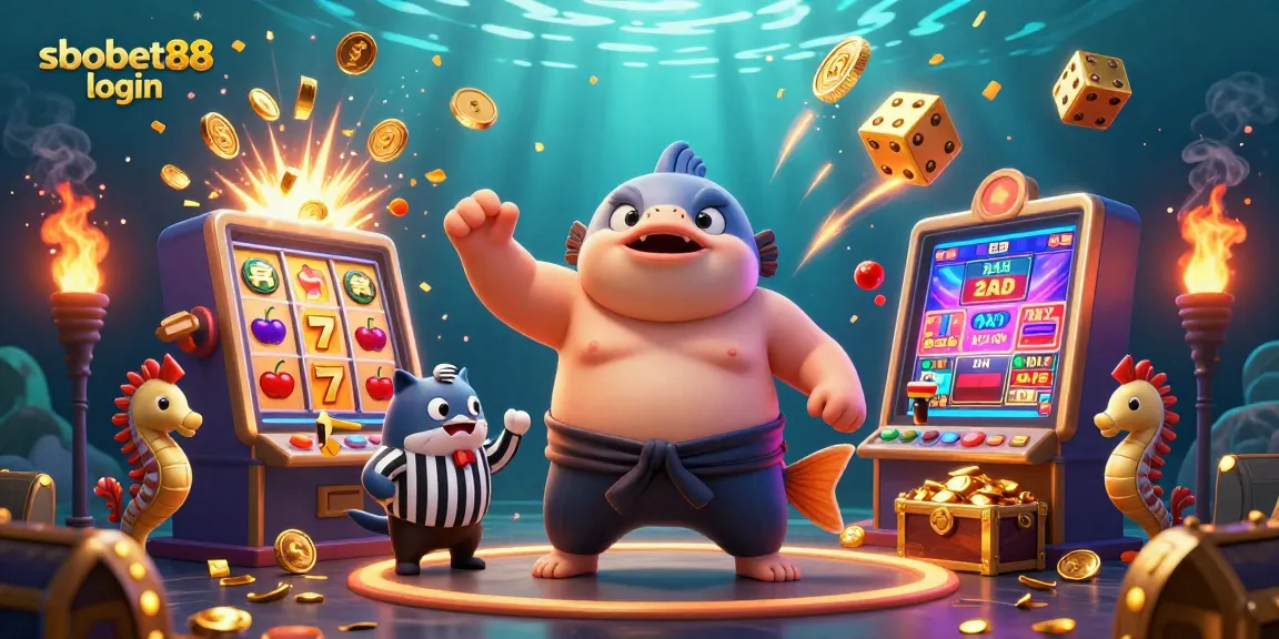 Engage with sbobet88 login at this vibrant, dynamic underwater casino scene filled with colorful game elements.