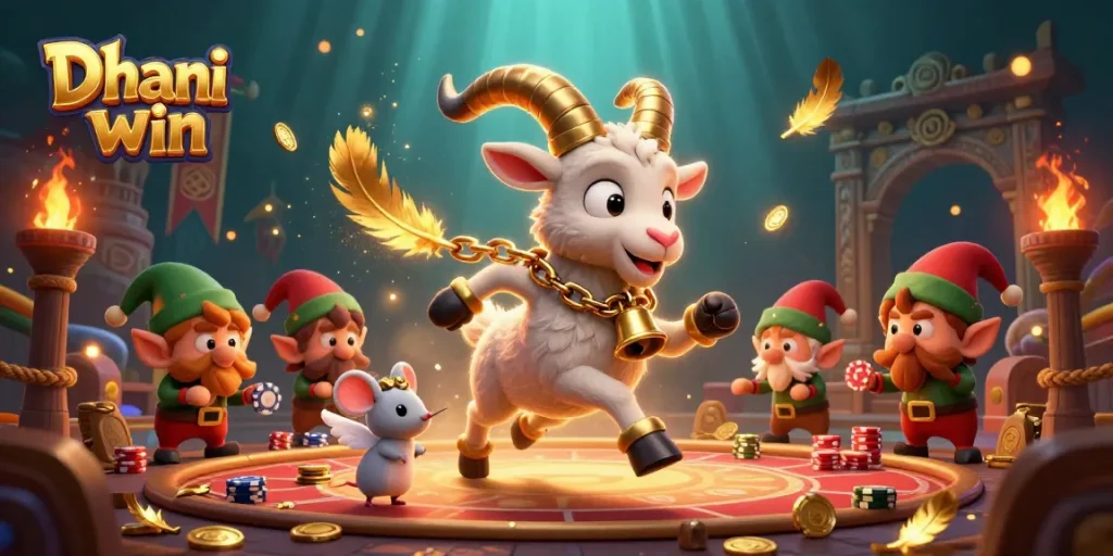 Dhani win casino scene featuring a Krampus goat, angel mouse, and elf gremlins amidst vibrant gaming action.