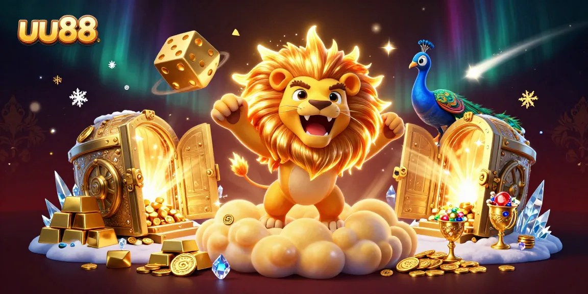 uu88 showcases an energetic casino scene with a roaring lion, golden dice, and treasure.