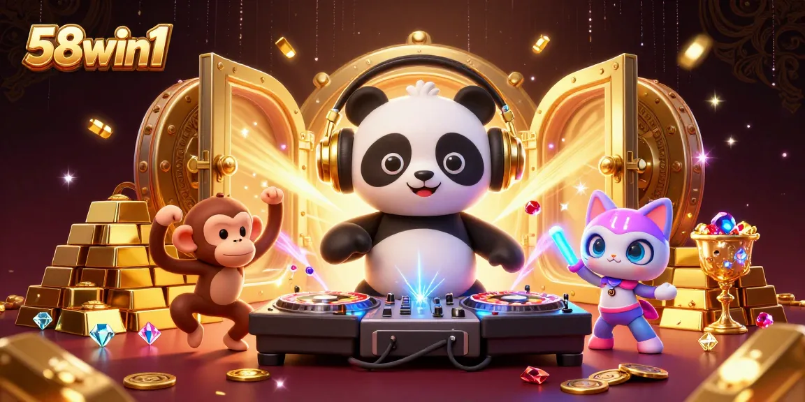 Experience vibrant gaming with 58win1’s thrilling 3D illustration of a DJ panda and party vibe.