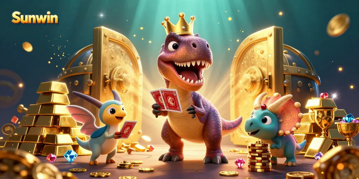 Experience the excitement of Sunwin casino with playful dinosaurs shuffling cards and stacking chips.