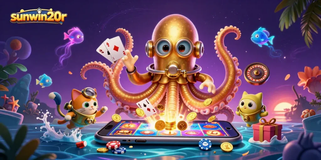 Experience thrilling gameplay at sunwin20r with a captivating kraken, diving cat, and vibrant casino elements.