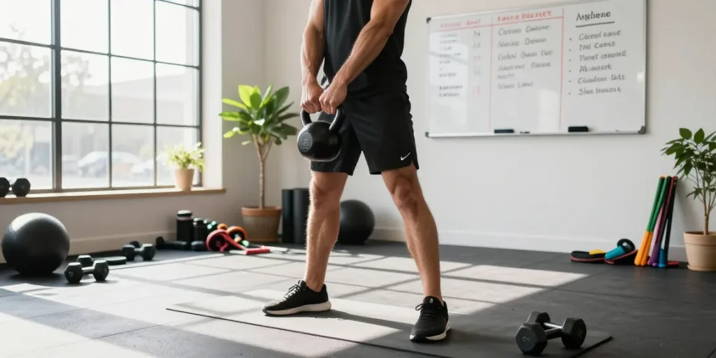 Athletic individual performing a MOTS-c kettlebell swing in a modern gym.