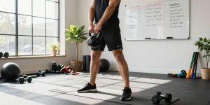 Athletic individual performing a MOTS-c kettlebell swing in a modern gym.