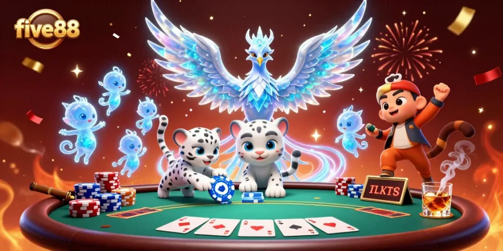 five88 engages players in an animated poker encounter with vibrant characters and rich casino details.