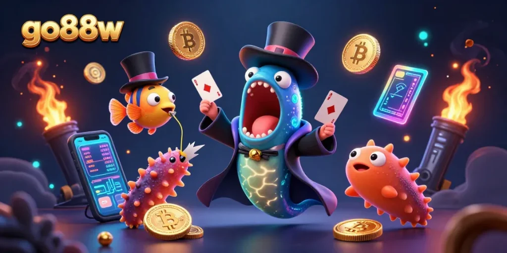 Experience the magic with go88w as a vibrant eel performs card tricks with glowing crypto coins.