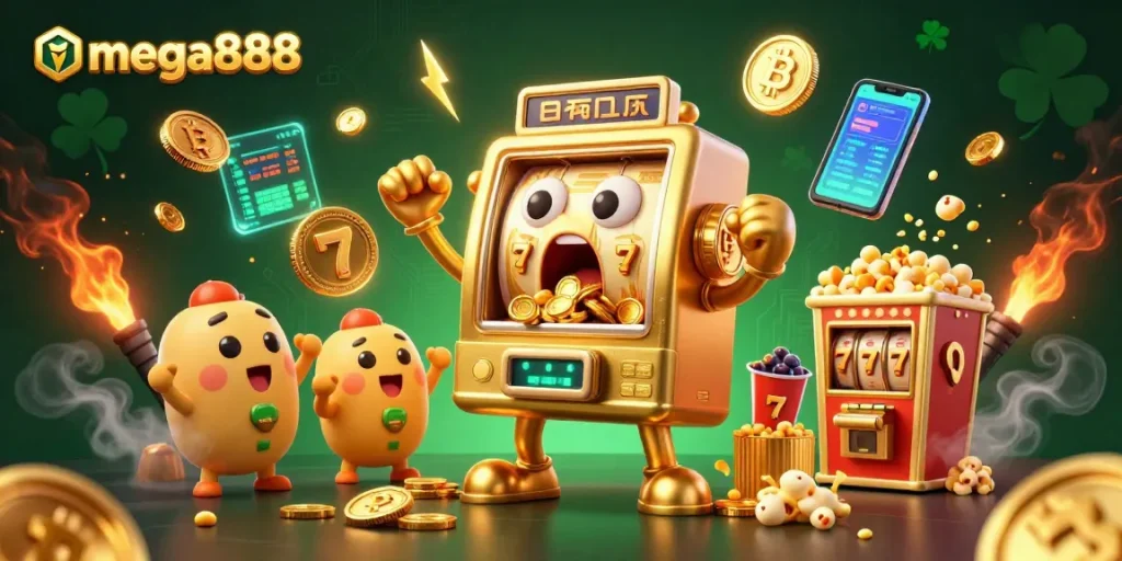 Spin the mega888 slot machine for jackpot rewards with neon coins and vibrant casino elements.