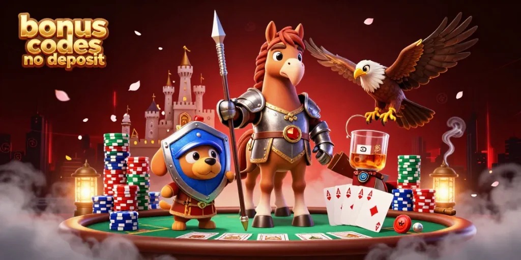Win big with bonus codes no deposit at vibrant poker scene featuring a knight.