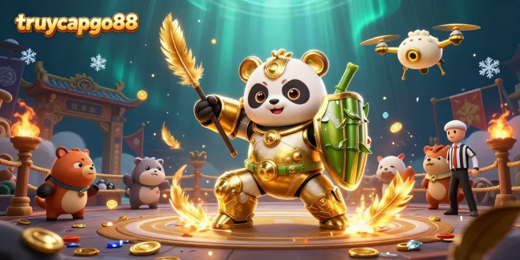 Experience the excitement at truycapgo88, where a golden panda and bamboo robot battle in a breathtaking 3D arena.
