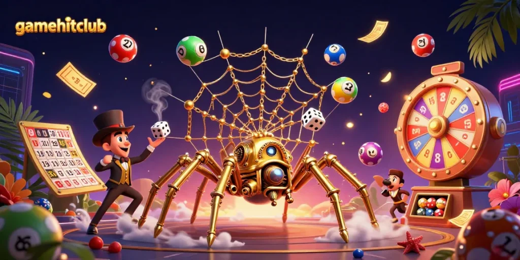 Win thrilling prizes with gamehitclub's dynamic gambling scene filled with golden spider webs and colorful lottery balls.