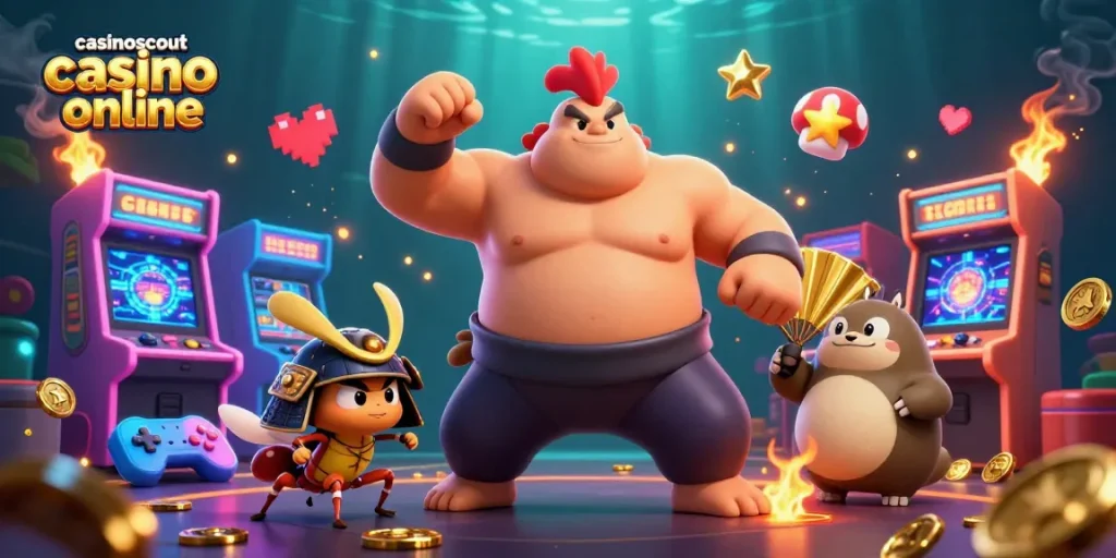 Engage with casinoscout casino online through a vibrant 3D scene featuring animated characters and casino elements.
