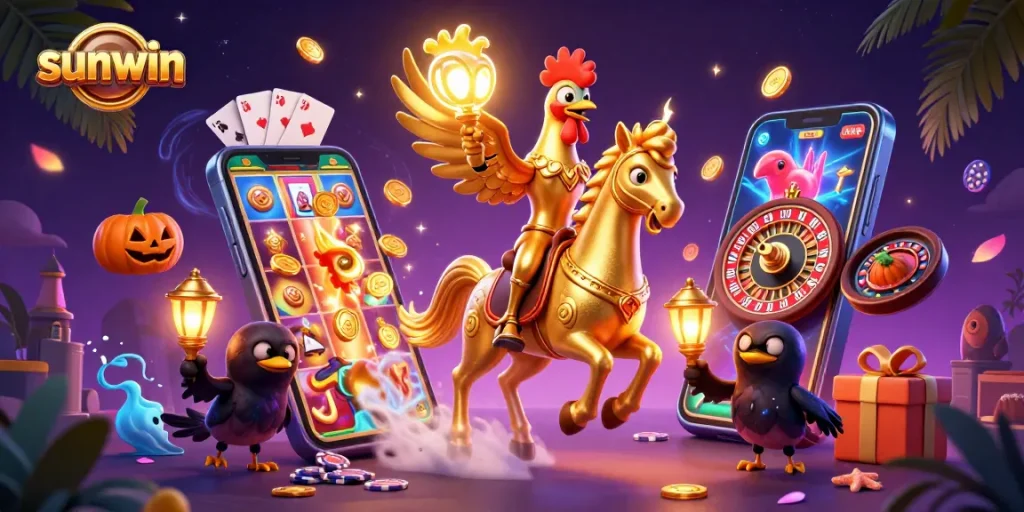 Experience thrilling action at sunwin with a golden rooster navigating the midnight casino adventure.