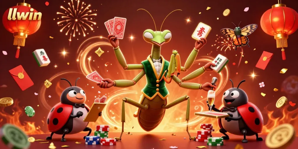 llwin engaging players with a vibrant casino scene, featuring a mantis dealer and ladybug pit boss.